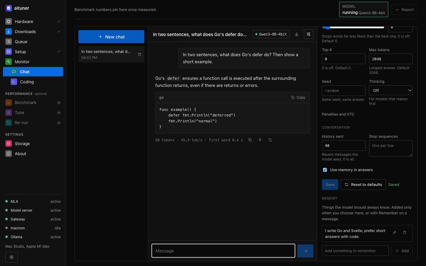 aituner's Chat with a conversation, a code block and the settings panel
