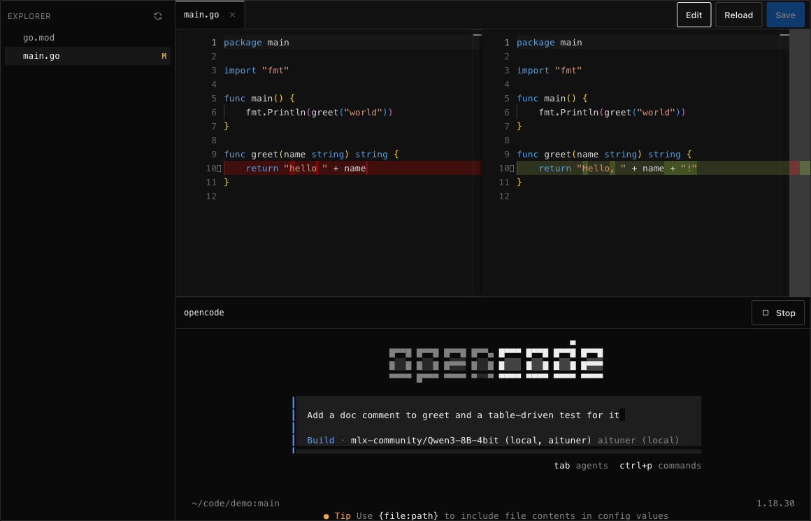 aituner's Coding page: file tree, an editor comparing a change with git, and opencode in the terminal